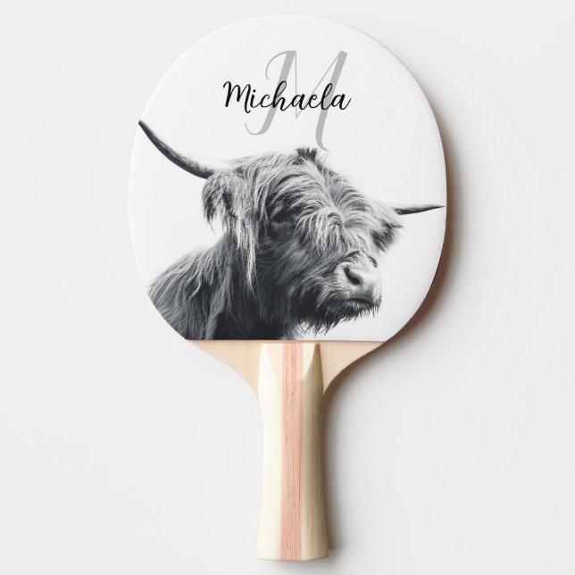 Highland cow portrait initial monogram black white ping pong paddle (Front)