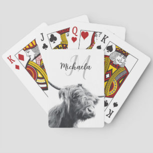Highland cow portrait initial monogram black white playing cards