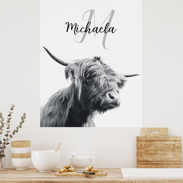Highland cow portrait initial monogram black white poster (Kitchen)