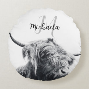 Highland cow portrait initial monogram black white round cushion