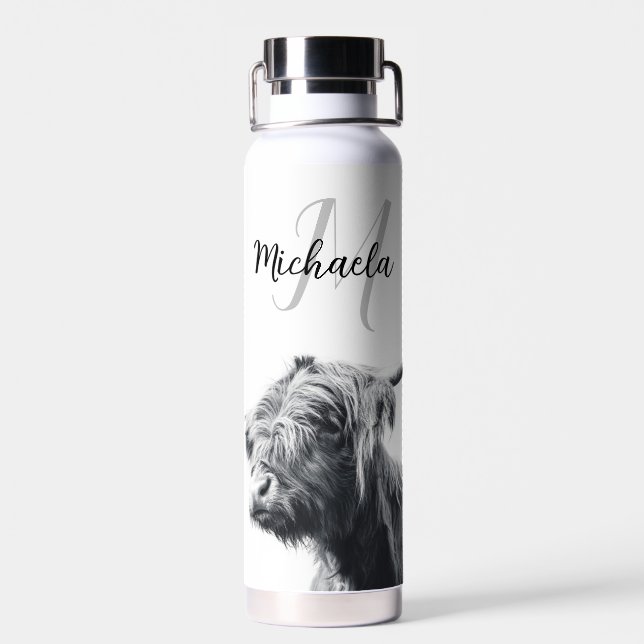 Highland cow portrait initial monogram black white water bottle (Back)
