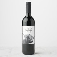 Highland cow portrait initial monogram black white