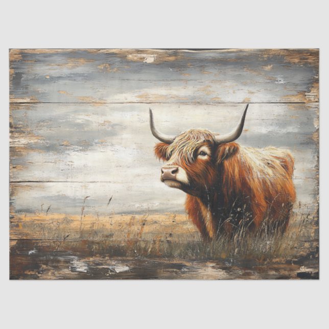Highland Cow Portrait on Weathered Wood Decoupage Tissue Paper (Front)