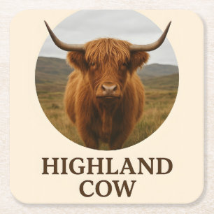 Highland Cow Portrait Poster with "Highland Cow" Square Paper Coaster