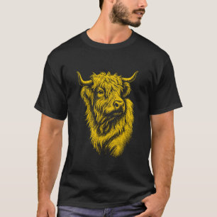 Highland Cow Portrait Rustic Vintage Line Art Farm T-Shirt