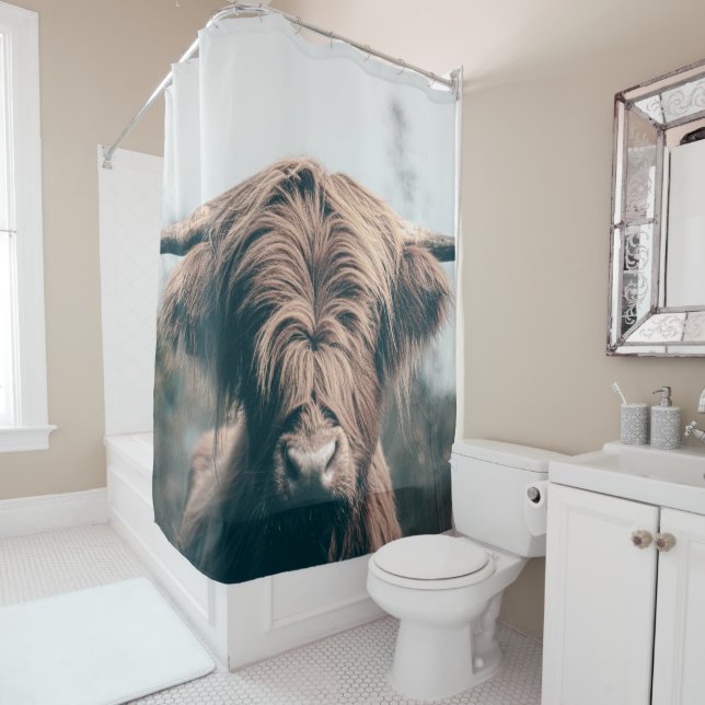 Highland cow portrait shower curtain (In Situ)