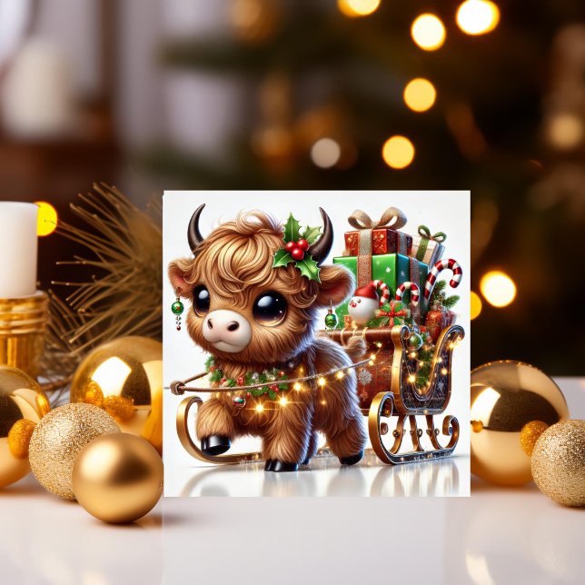 Highland Cow Pulling Santa's Sleigh Holiday Card (Creator Uploaded)
