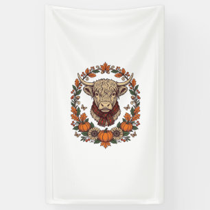 Highland Cow Pumpkin Vintage Engraving Fall Shirt Banner