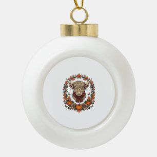 Highland Cow Pumpkin Vintage Engraving Fall Shirt Ceramic Ball Christmas Ornament