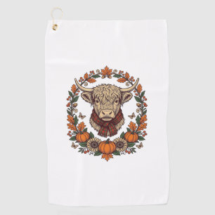 Highland Cow Pumpkin Vintage Engraving Fall Shirt Golf Towel
