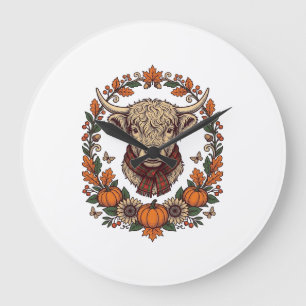 Highland Cow Pumpkin Vintage Engraving Fall Shirt Large Clock