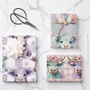 Highland Cow Purple Sage Easter Flowers Pastel Wrapping Paper Sheet