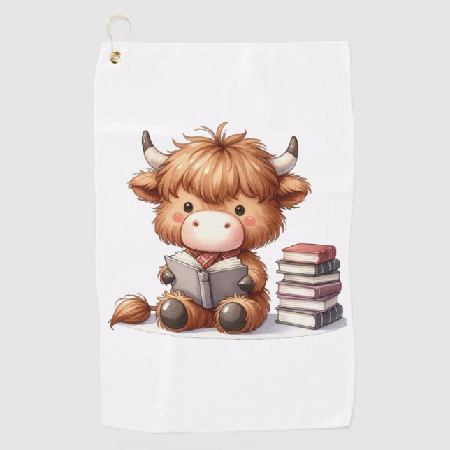 Highland Cow Reading Books Golf Towel (Front)