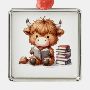Highland Cow Reading Books Metal Tree Decoration
