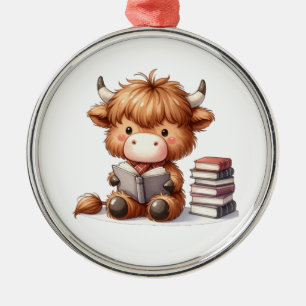 Highland Cow Reading Books Metal Tree Decoration