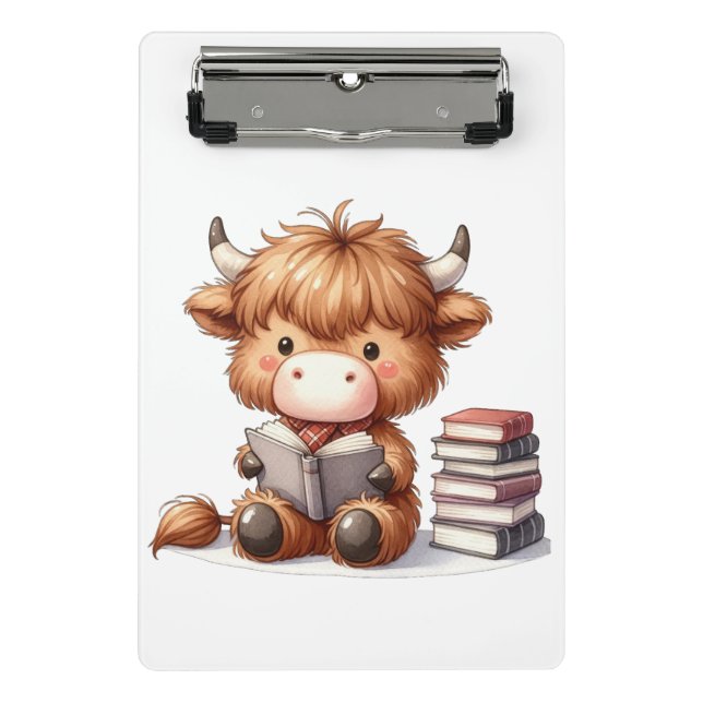 Highland Cow Reading Books Mini Clipboard (Front)