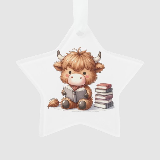 Highland Cow Reading Books Ornament (Front)