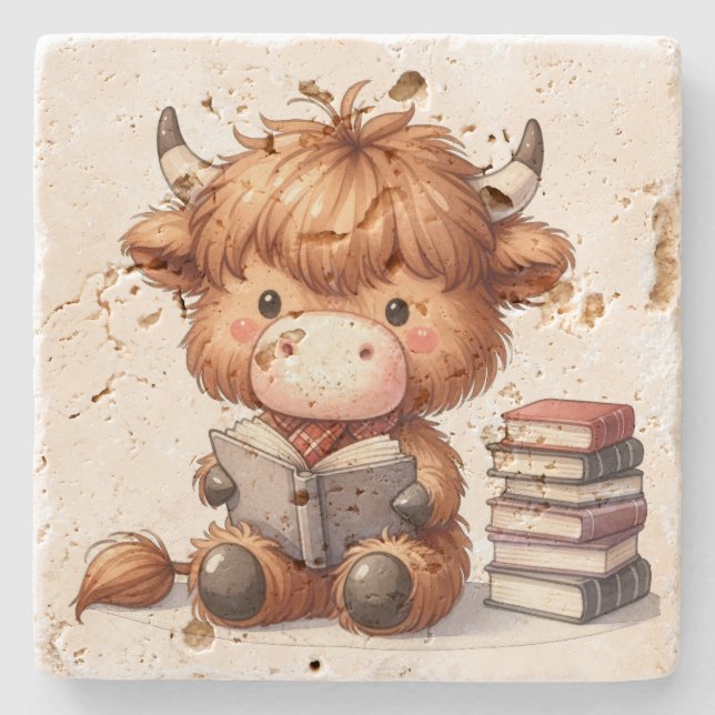 Highland Cow Reading Books Stone Coaster (Front)