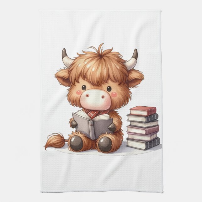 Highland Cow Reading Books Tea Towel (Vertical)