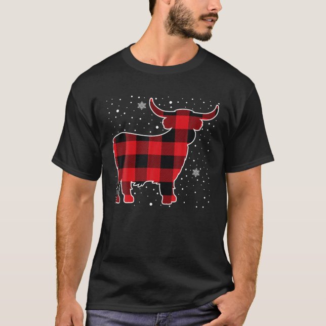 Highland Cow Red Buffalo Plaid Christmas Pajama T-Shirt (Front)
