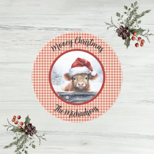 Highland Cow Red White Gingham Monogram Christmas Coaster
