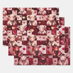 Highland Cow Ruby Red Golden Heart Teen Gift Wrapping Paper Sheet