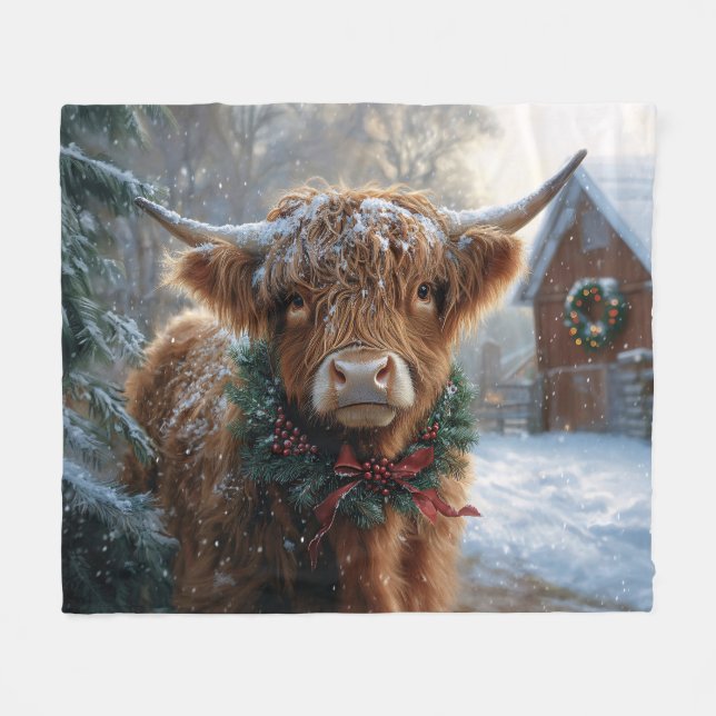 Highland Cow Rustic Barnyard Christmas Fleece Blanket (Front (Horizontal))