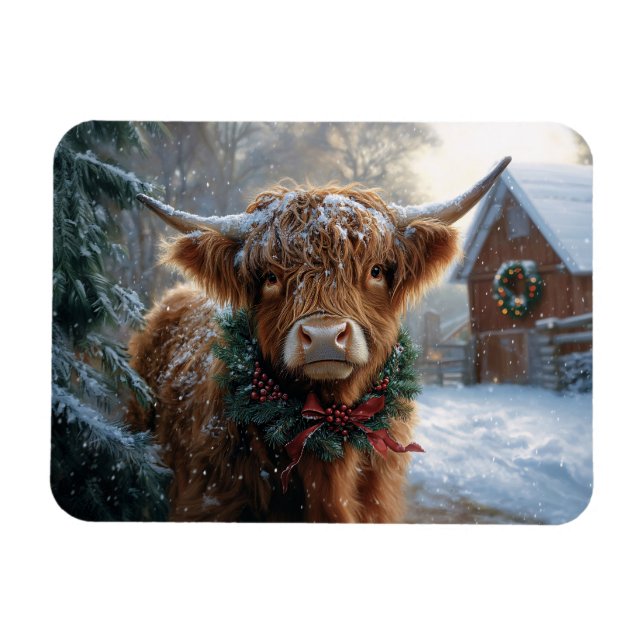 Highland Cow Rustic Barnyard Christmas Flexible Magnet (Horizontal)