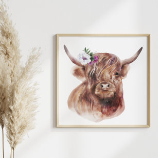 Highland Cow Rustic Scottish Cattle Illustration  Poster