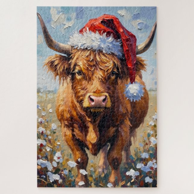 Highland Cow Rustic Winter Tinsel Hat Jigsaw Puzzle (Vertical)