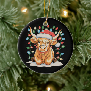 Highland Cow Santa Christmas Xmas Holiday Ceramic Tree Decoration