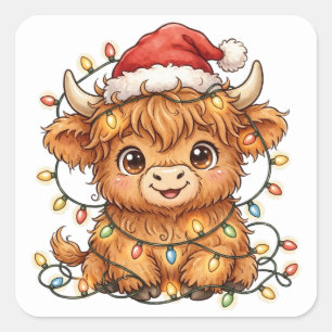 Highland Cow Santa Hat Christmas Lights Sticker