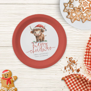 Highland Cow Santa Hat Name Merry Christmas Paper Plate