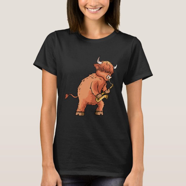 Highland Cow Saxophone Music T-Shirt (Front)