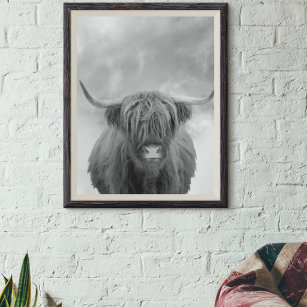 Highland Cow Scotland Clouds Black White Poster
