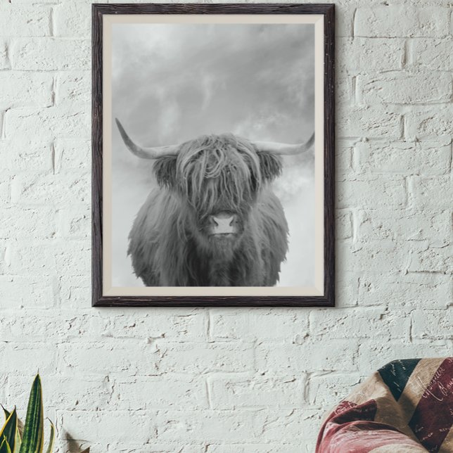 Highland Cow Scotland Clouds Black White Poster (Creator Uploaded)