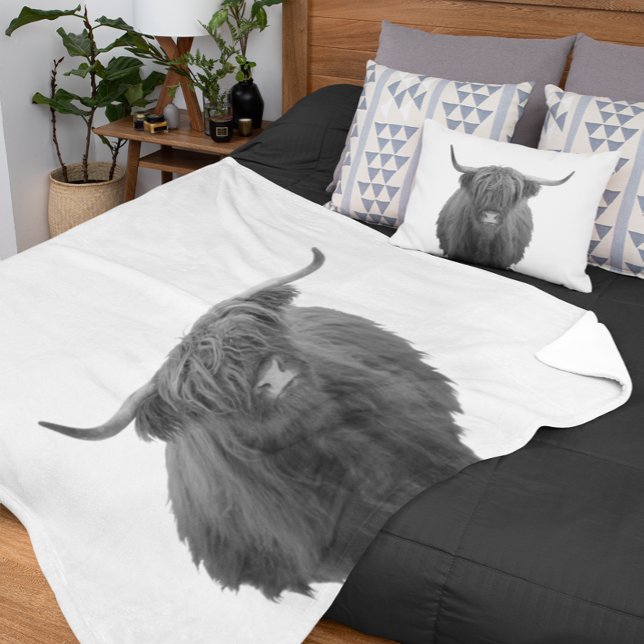Highland Cow Scotland Rustic Black White Fleece Blanket (Creator Uploaded)