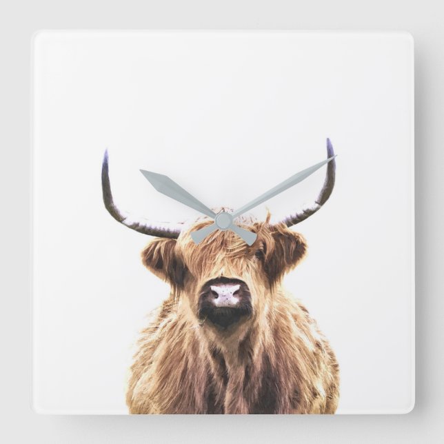 Highland cow scottish animal portrait square wall clock (Front)