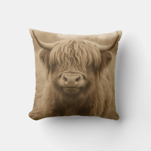 Highland Cow Sepia Portrait Cushion