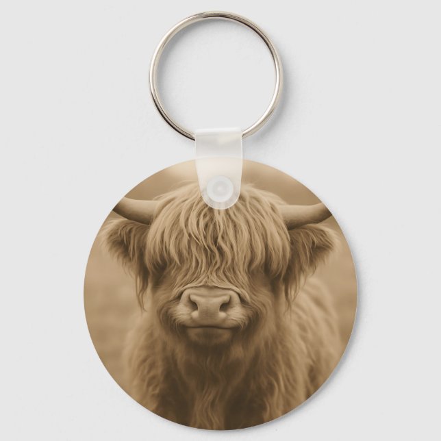 Highland Cow Sepia Portrait Key Ring (Front)