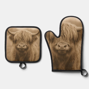 Highland Cow Sepia Portrait Oven Mitt & Pot Holder Set
