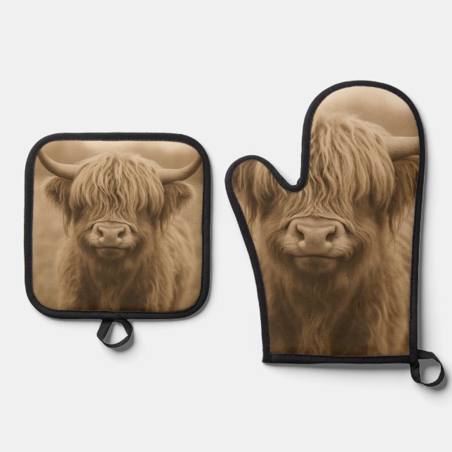 Highland Cow Sepia Portrait Oven Mitt & Pot Holder Set (Front)