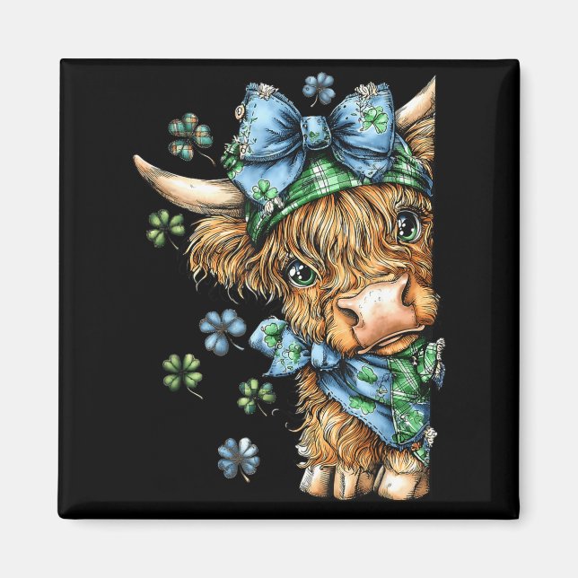 Highland cow shamrock coquette bow st patrick's magnet (Front)