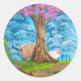 HIGHLAND COW SHEEP FOLK PAINTING CLASSIC ROUND STICKER