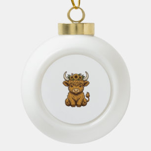 Highland Cow Shirt Cute Sunflower Calf Art Ceramic Ball Christmas Ornament