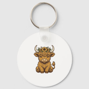 Highland Cow Shirt Cute Sunflower Calf Art Key Ring