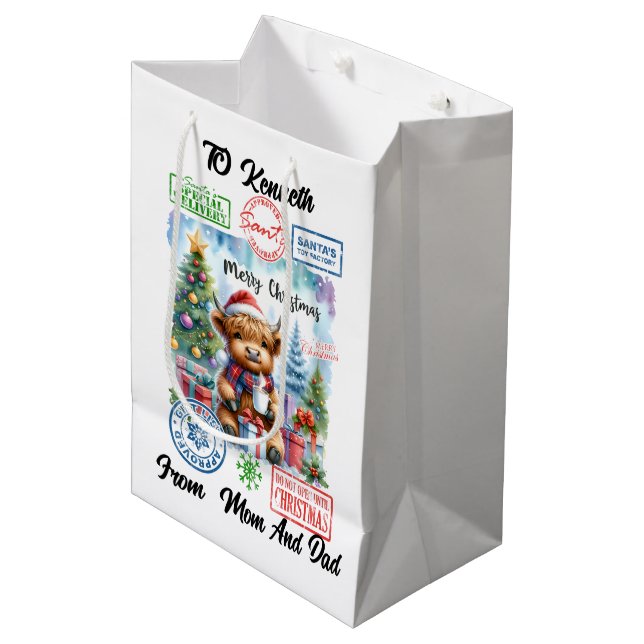 Highland Cow Sips by Christmas Tree Medium Gift Bag (Front Angled)