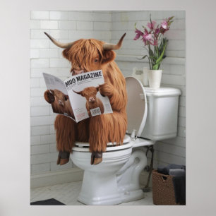 Highland Cow Sitting on Toilet Reading Bathroom Poster