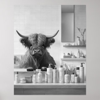 Highland Cow & Skin Care Beauty Products Bathroom Poster