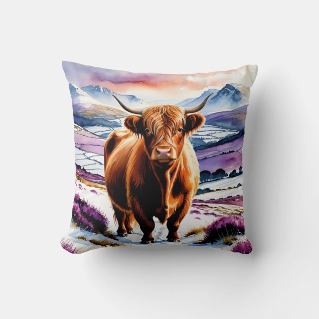 Highland Cow Snow Watercolor Custom Text Christmas Cushion (Front)